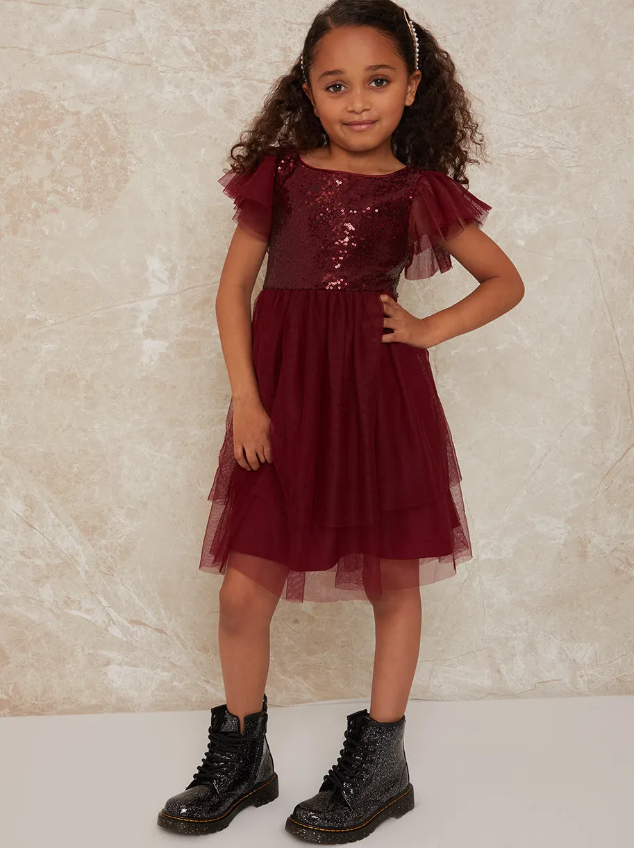 Girls Short Sleeve Sequin Bodice Midi Dress in Berry sold by Chi Chi London product image thumbnail 3