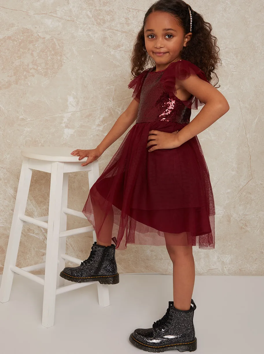 Girls Short Sleeve Sequin Bodice Midi Dress in Berry sold by Chi Chi London product image thumbnail 2