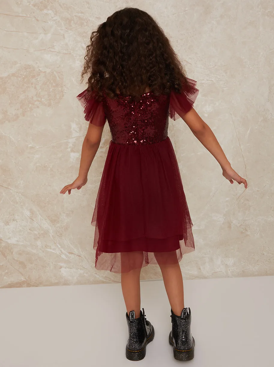 Girls Short Sleeve Sequin Bodice Midi Dress in Berry sold by Chi Chi London product image thumbnail 4