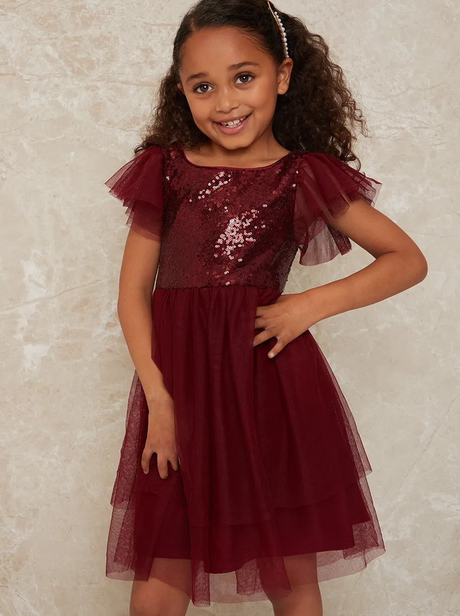Girls Short Sleeve Sequin Bodice Midi Dress in Berry sold by Chi Chi London