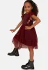 Girls Short Sleeve Sequin Bodice Midi Dress in Berry sold by Chi Chi London
