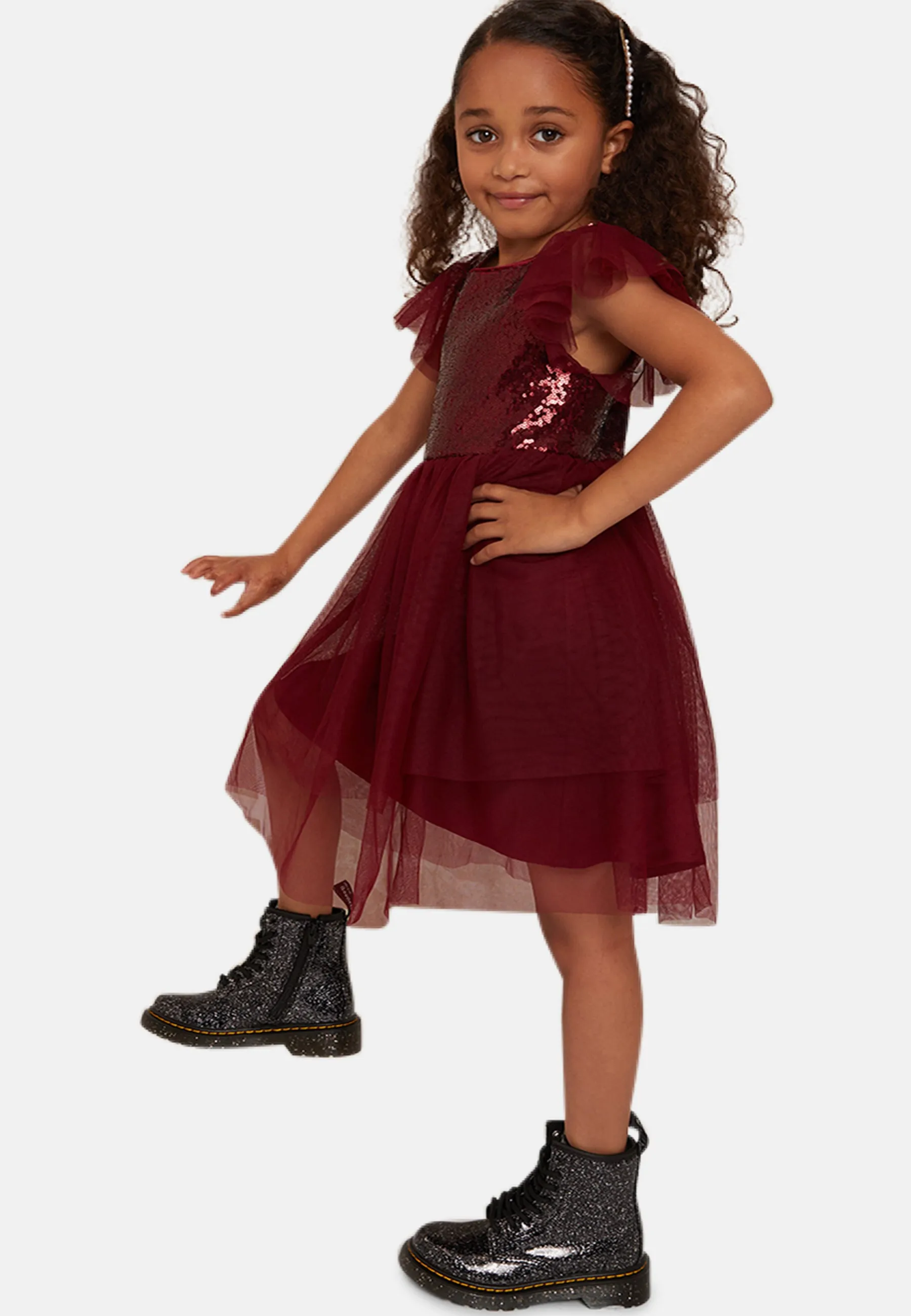 Girls Short Sleeve Sequin Bodice Midi Dress in Berry sold by Chi Chi London product image thumbnail 5