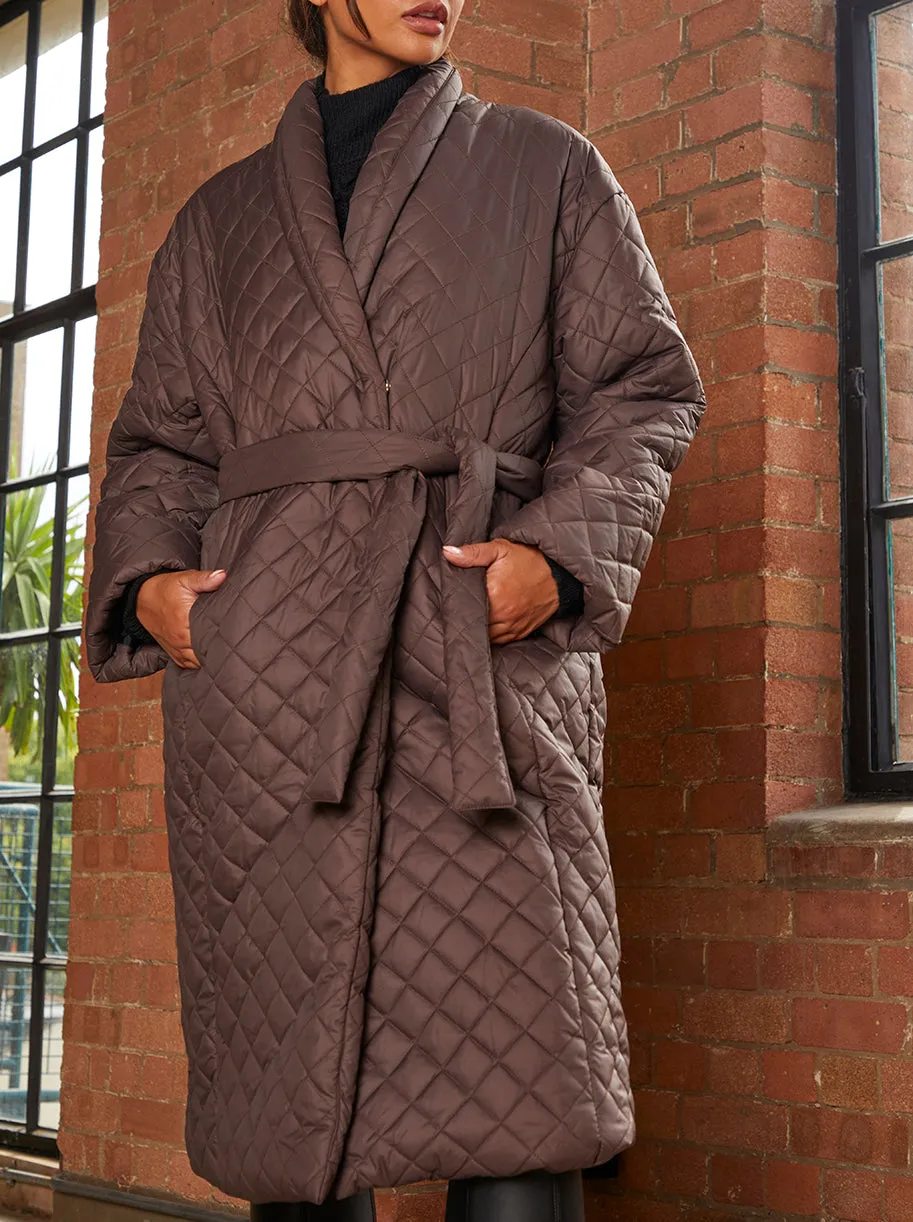 Diamond Quilted Longline Belted Coat in Chocolate sold by Chi Chi London product image thumbnail 4
