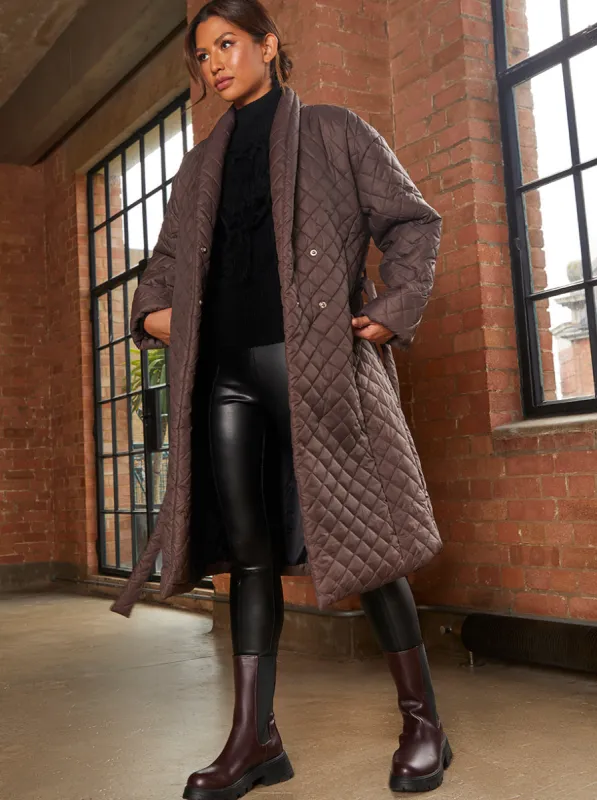 Diamond Quilted Longline Belted Coat in Chocolate sold by Chi Chi London