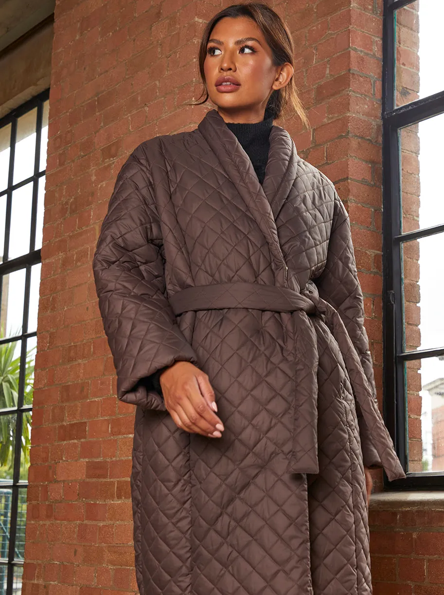 Diamond Quilted Longline Belted Coat in Chocolate sold by Chi Chi London product image thumbnail 2