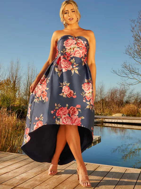 Plus Size Strapless Floral Print Dip Hem Dress in Navy sold by Chi Chi London