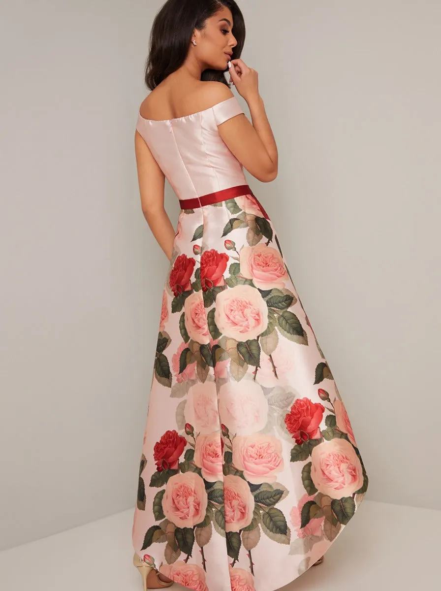 Bardot Contrast Floral Pring Dip Hem Dress in Pink sold by Chi Chi London product image thumbnail 3