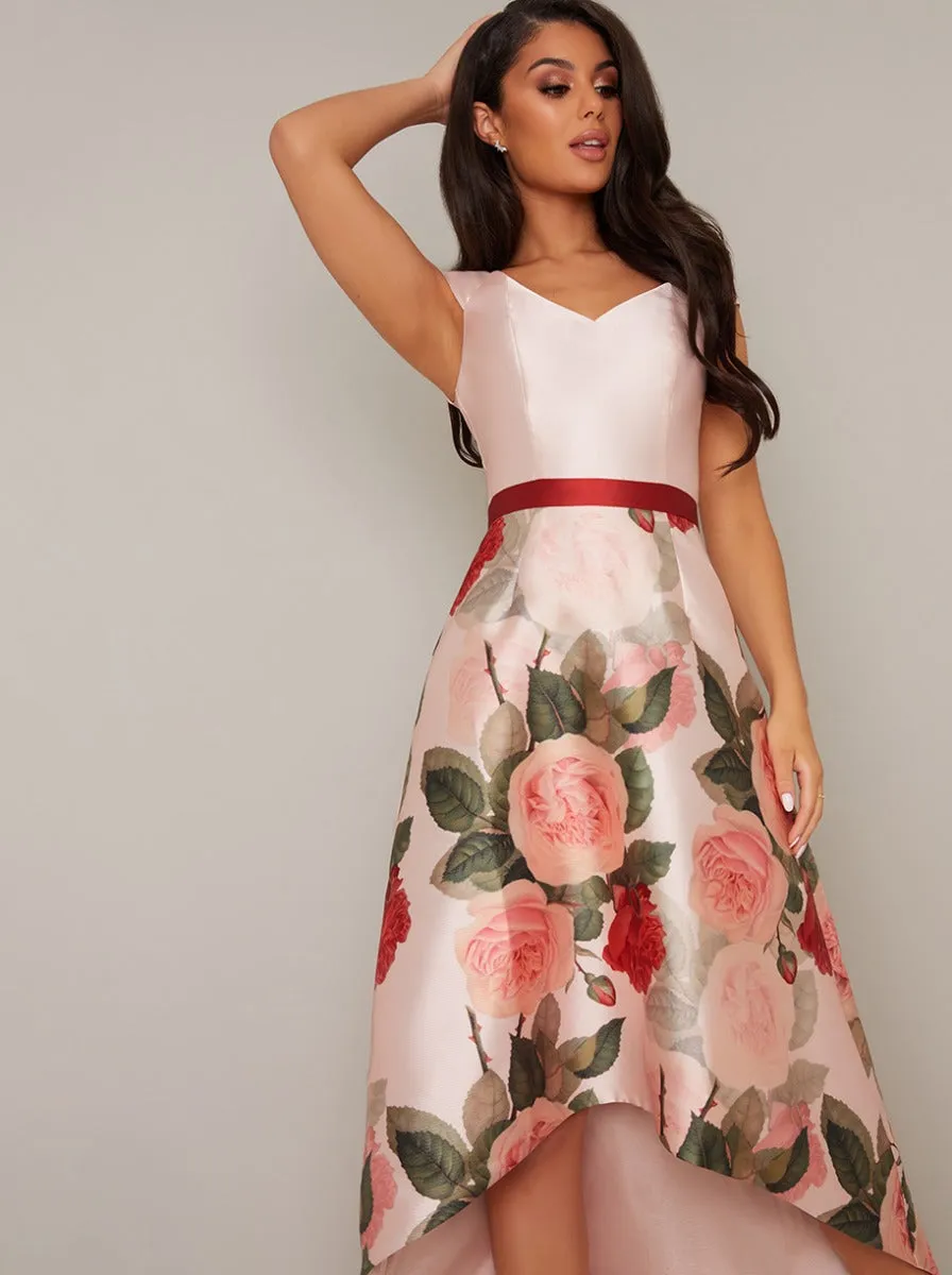 Bardot Contrast Floral Pring Dip Hem Dress in Pink sold by Chi Chi London product image thumbnail 4