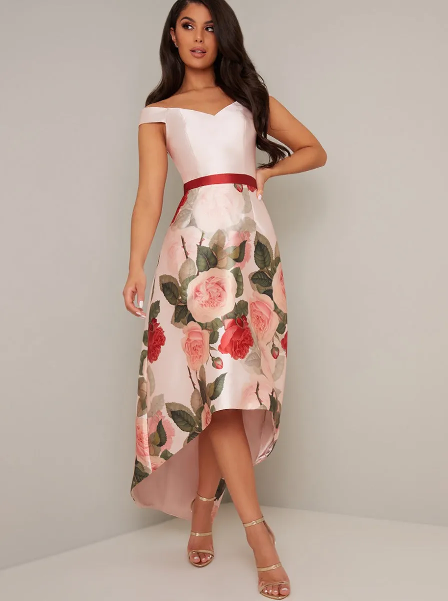 Bardot Contrast Floral Pring Dip Hem Dress in Pink sold by Chi Chi London