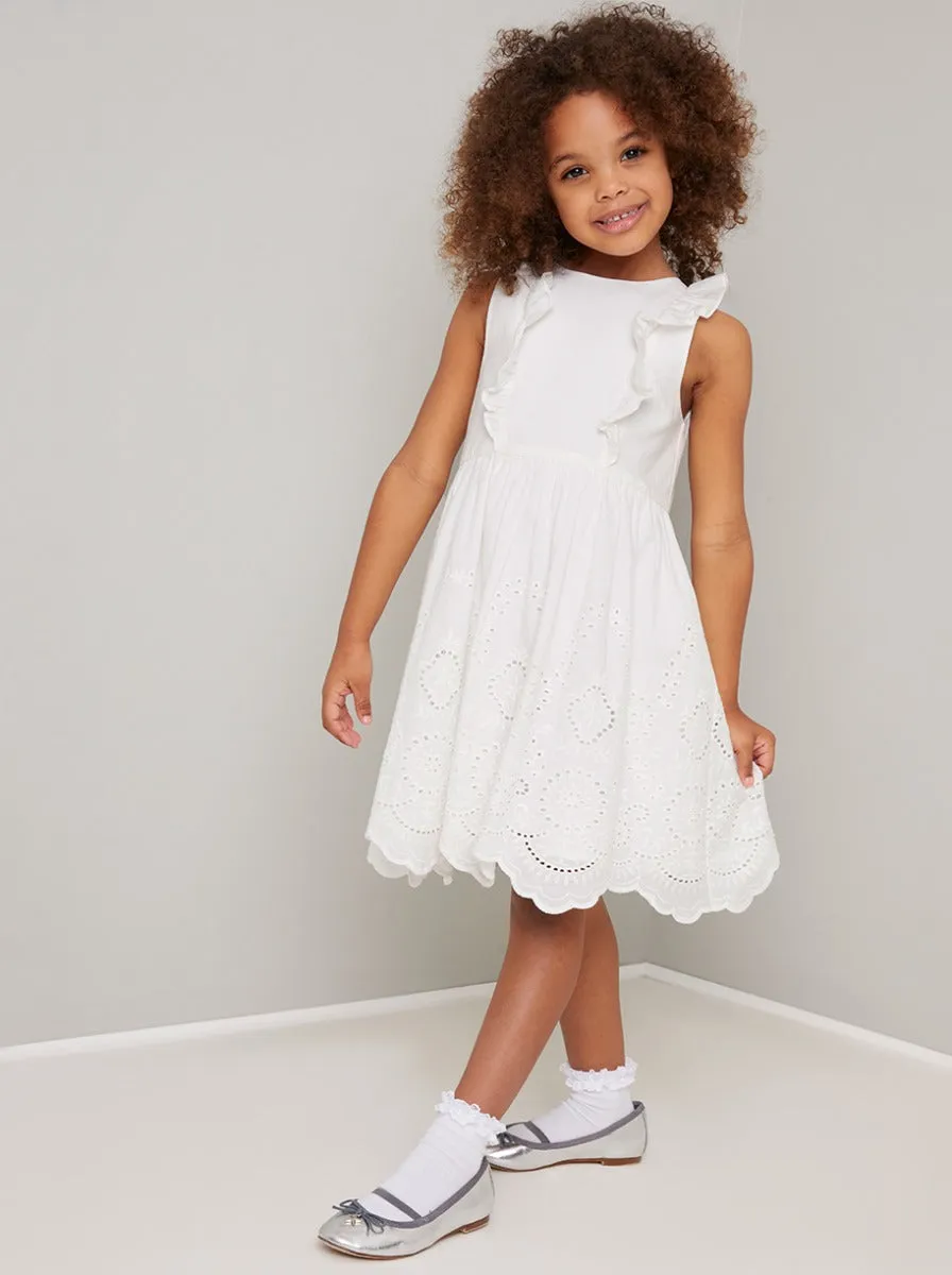 Girls Frill Detail Broderie Dress in White sold by Chi Chi London