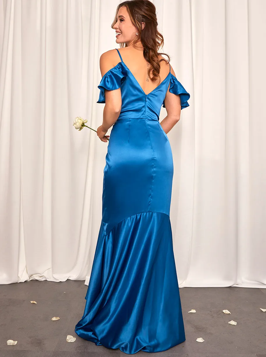 Petite Satin Cami Strap Ruffle Detail Bodycon Dress in Teal sold by Chi Chi London product image thumbnail 4