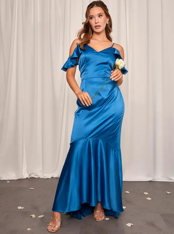 Petite Satin Cami Strap Ruffle Detail Bodycon Dress in Teal sold by Chi Chi London