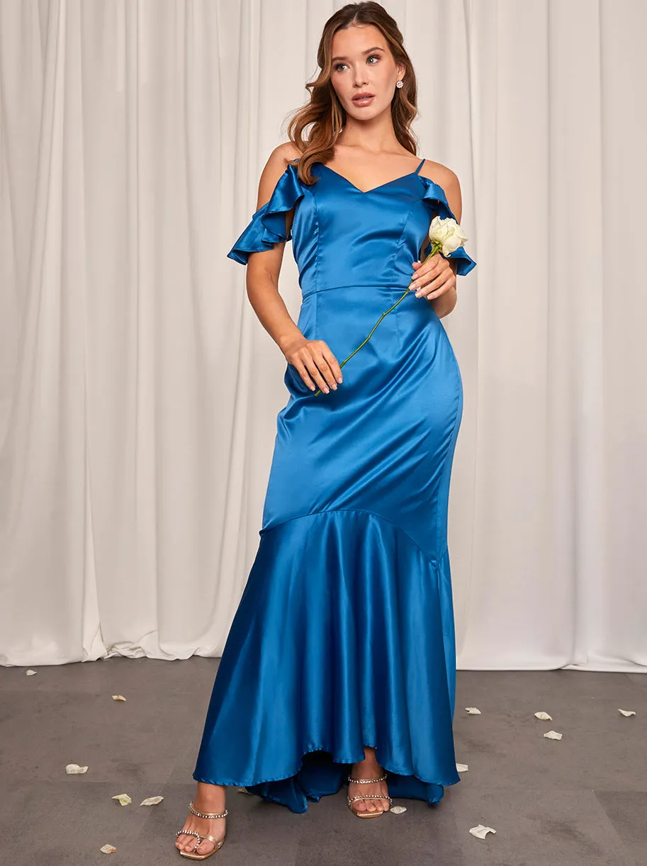 Petite Satin Cami Strap Ruffle Detail Bodycon Dress in Teal sold by Chi Chi London