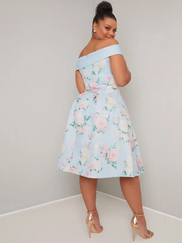 Plus Size Bardot Floral Print Midi Dress in Blue sold by Chi Chi London product image thumbnail 3