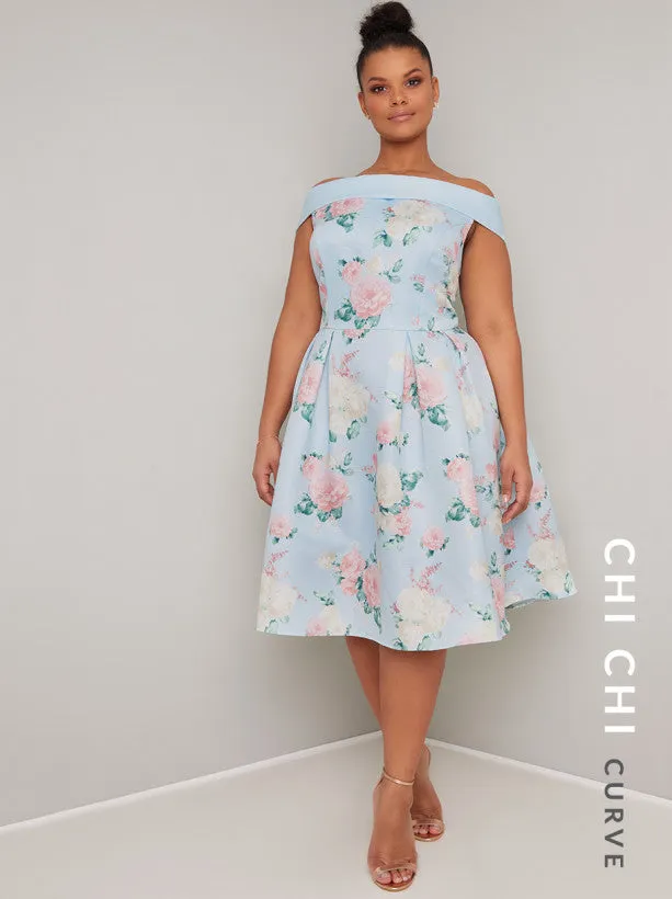 Plus Size Bardot Floral Print Midi Dress in Blue sold by Chi Chi London product image thumbnail 4