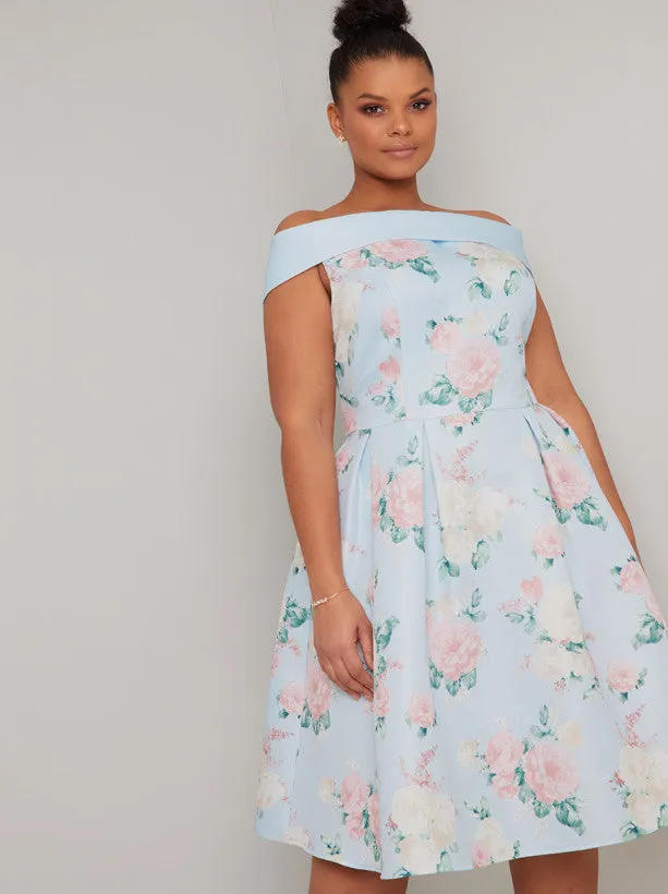 Plus Size Bardot Floral Print Midi Dress in Blue sold by Chi Chi London