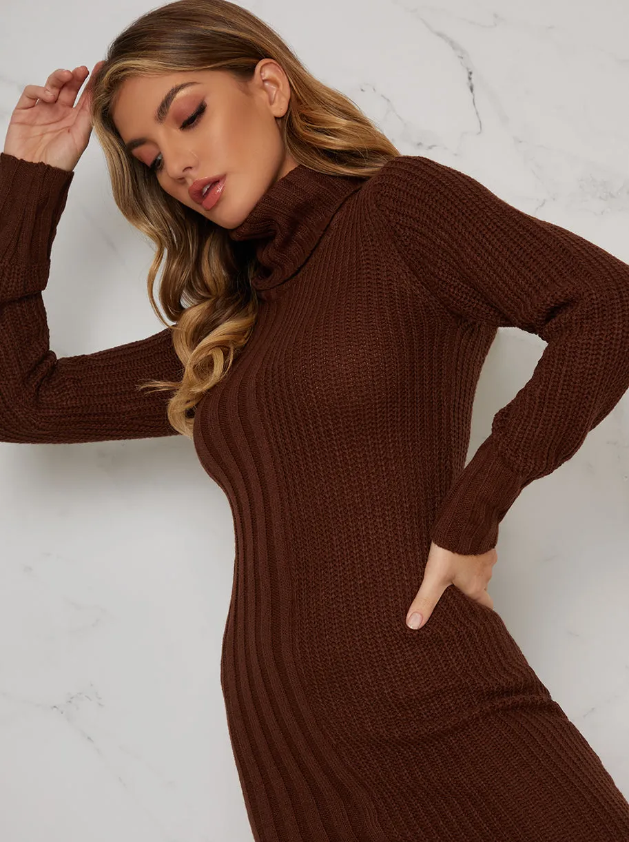 Knitted Rib Roll Neck Midi Jumper Dress in Brown sold by Chi Chi London product image thumbnail 3