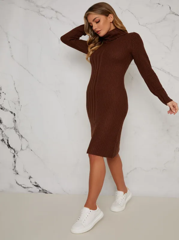 Knitted Rib Roll Neck Midi Jumper Dress in Brown sold by Chi Chi London