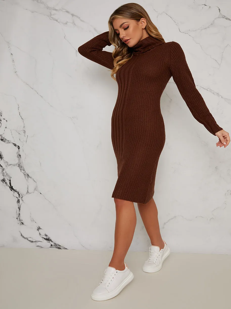 Knitted Rib Roll Neck Midi Jumper Dress in Brown sold by Chi Chi London