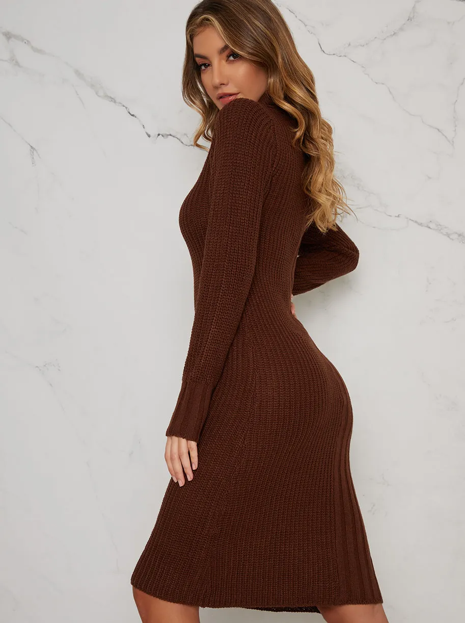 Knitted Rib Roll Neck Midi Jumper Dress in Brown sold by Chi Chi London product image thumbnail 4