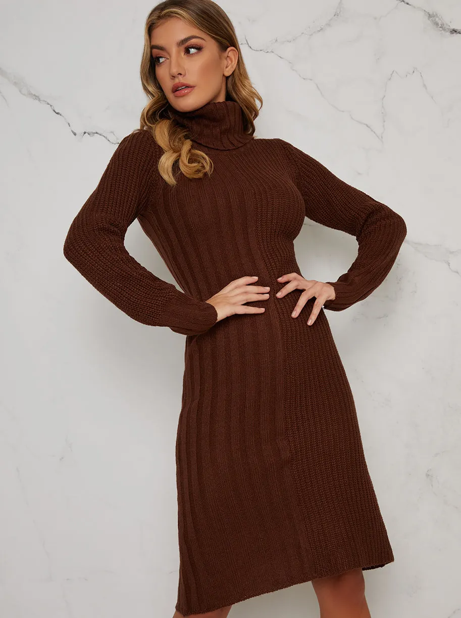 Knitted Rib Roll Neck Midi Jumper Dress in Brown sold by Chi Chi London product image thumbnail 2