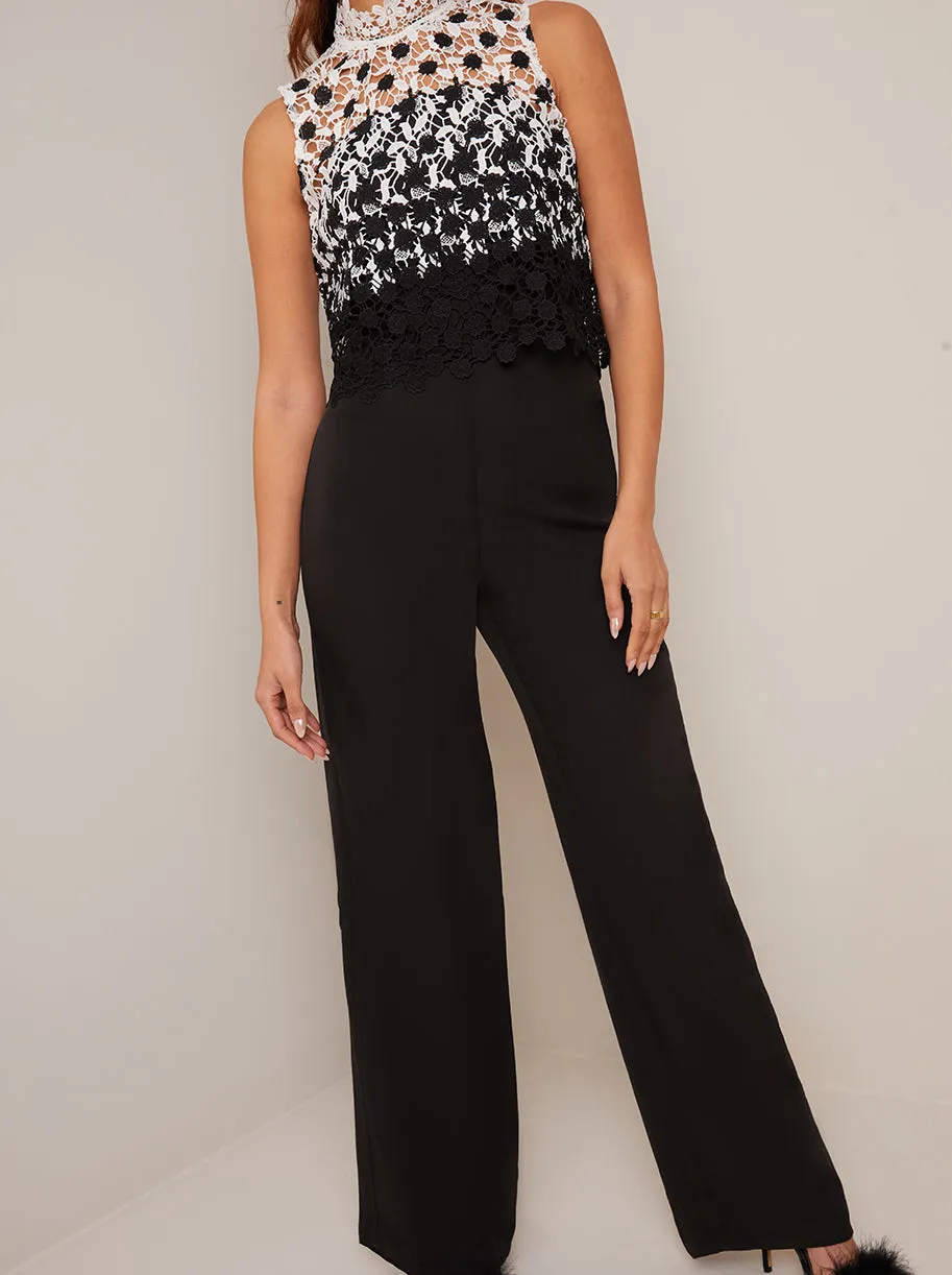 High Neck Crochet Overlay Wide Leg Jumpsuit in Black sold by Chi Chi London product image thumbnail 3
