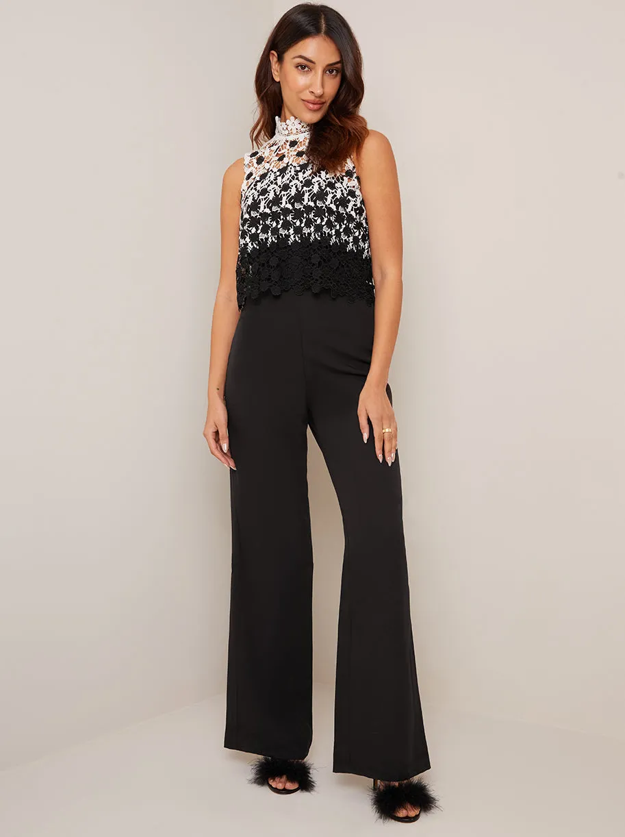 High Neck Crochet Overlay Wide Leg Jumpsuit in Black sold by Chi Chi London