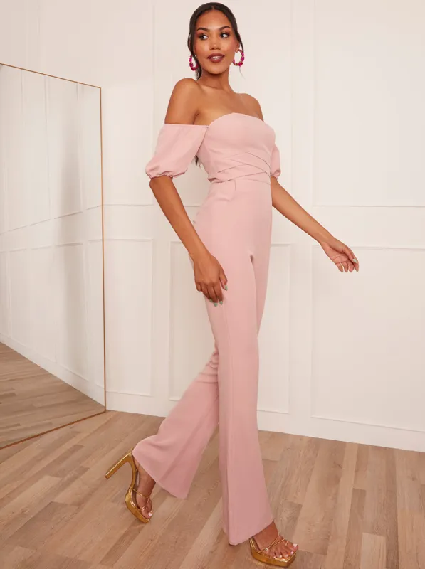 Bardot Flare Jumpsuit in Pink sold by Chi Chi London