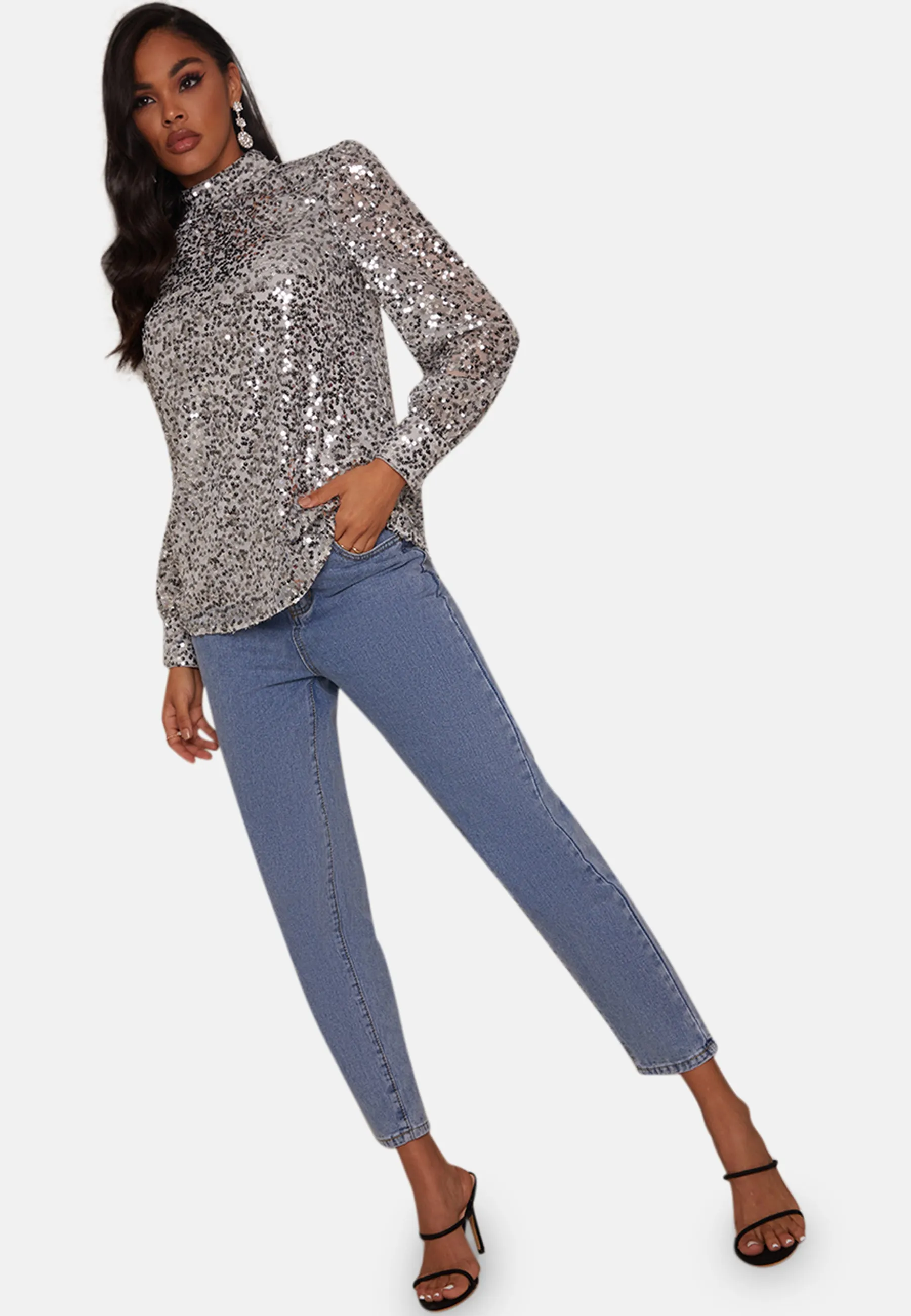 Long Sleeve High Neck Sequin Top in Silver sold by Chi Chi London product image thumbnail 5