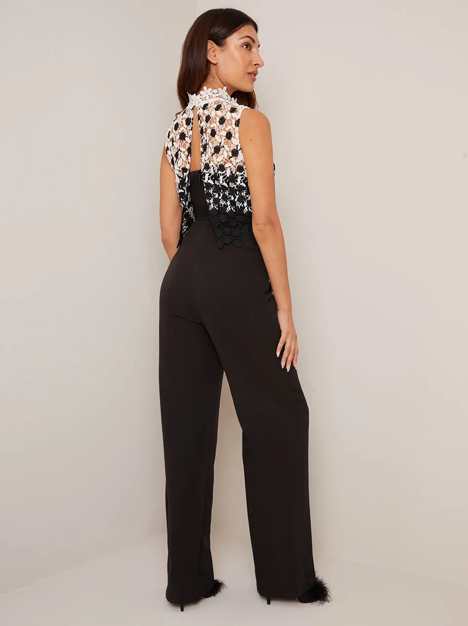 High Neck Crochet Overlay Wide Leg Jumpsuit in Black sold by Chi Chi London product image thumbnail 2