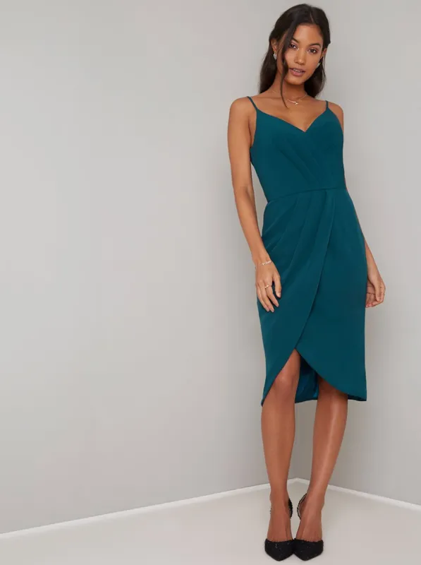 Cami Strap Wrap Detail Midi Dress in Green sold by Chi Chi London