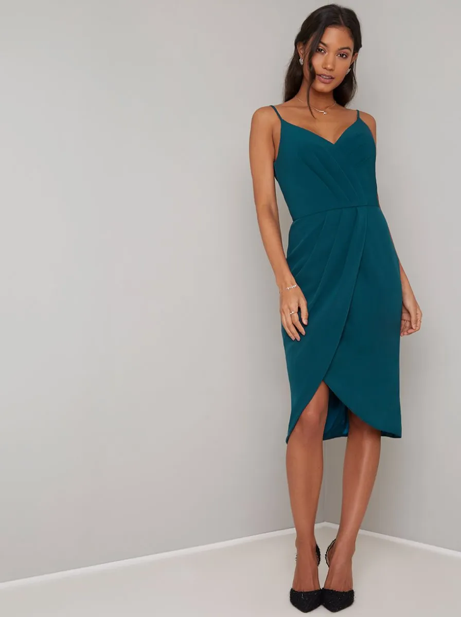 Cami Strap Wrap Detail Midi Dress in Green sold by Chi Chi London