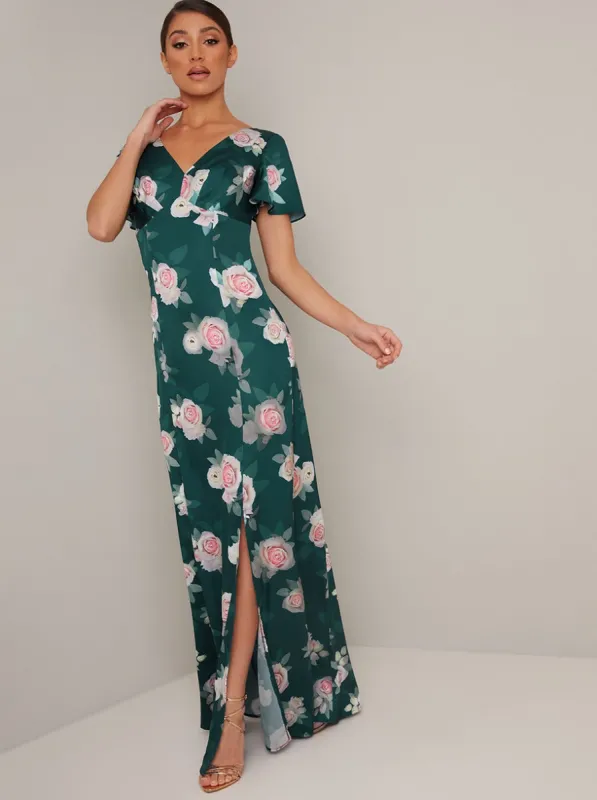 Floral Print V Neck Maxi Dress in Green sold by Chi Chi London