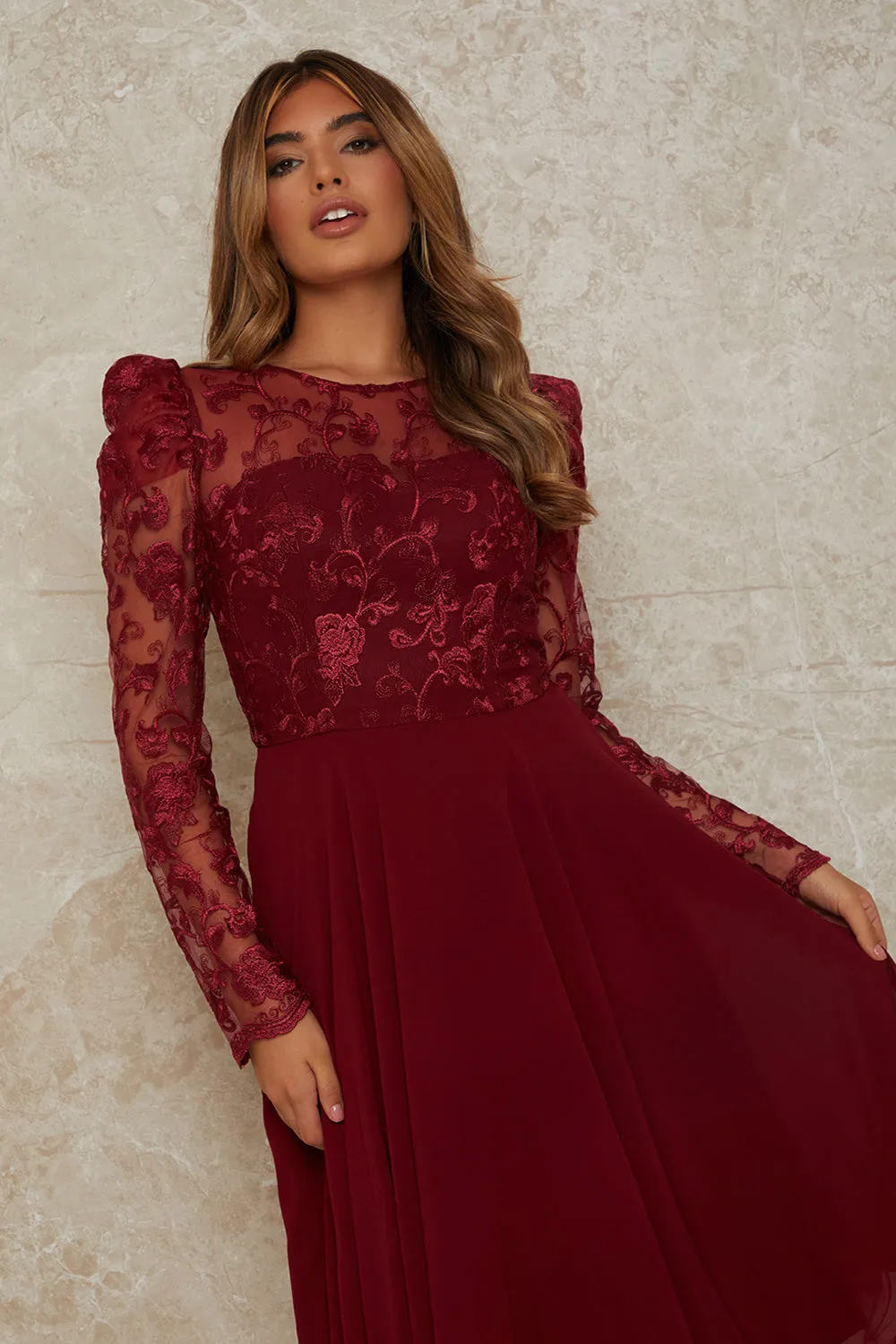 Embroidered Bodice Skater Dress in Burgundy sold by Chi Chi London product image thumbnail 3