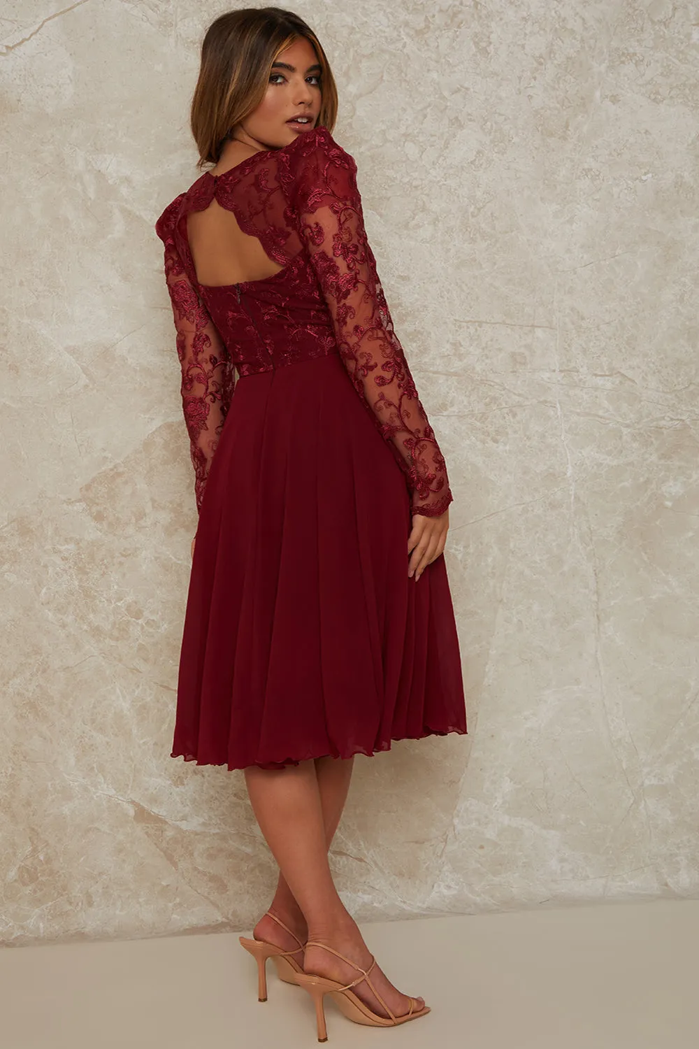 Embroidered Bodice Skater Dress in Burgundy sold by Chi Chi London product image thumbnail 2