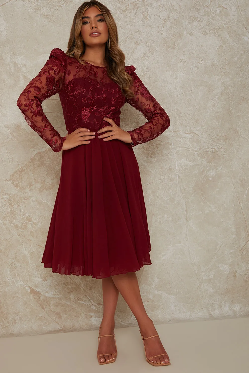 Embroidered Bodice Skater Dress in Burgundy sold by Chi Chi London