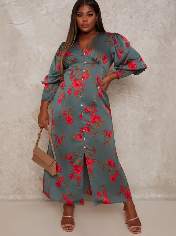 Plus Size V Neck Smock Sleeve Midi Print Dress in Green sold by Chi Chi London