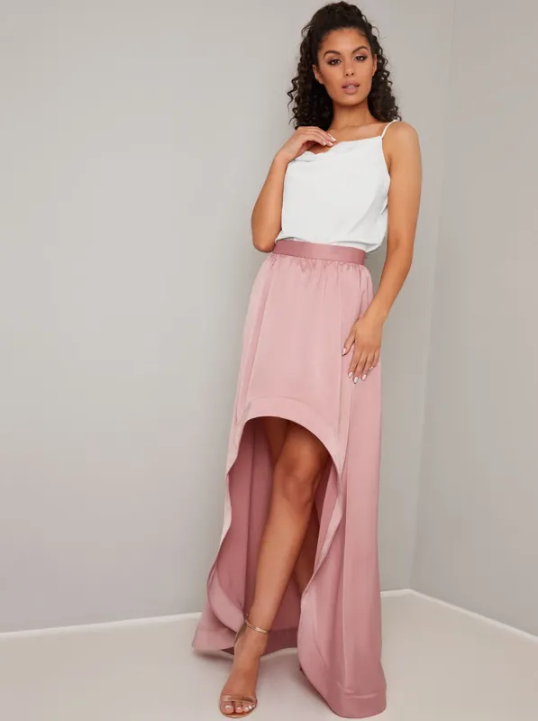 Satin Dip Hem Midi Skirt in Pink sold by Chi Chi London