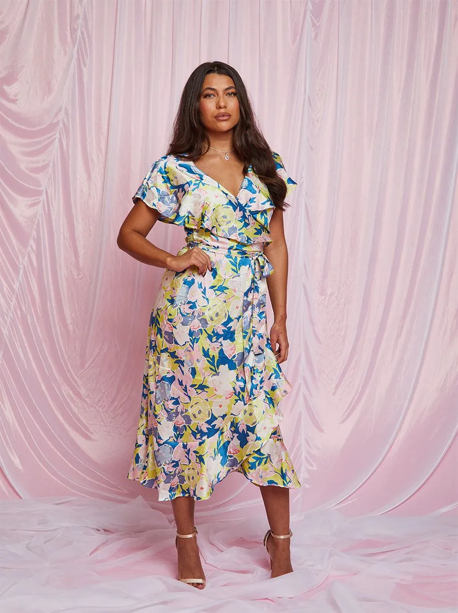 V Neck Floral Wrap Midi Dress in Multi sold by Chi Chi London