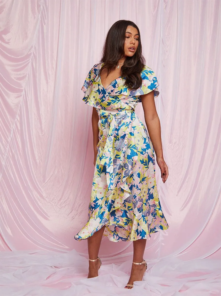 V Neck Floral Wrap Midi Dress in Multi sold by Chi Chi London product image thumbnail 3