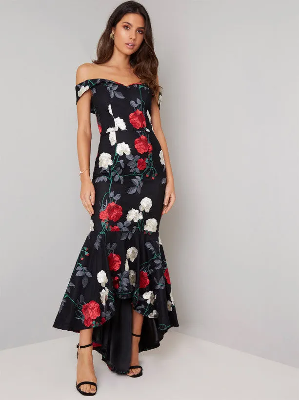 Bardot Embroidered Bodycon Fishtail Dress in Black sold by Chi Chi London