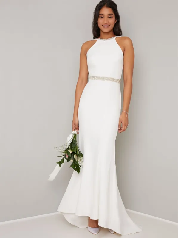 Bridal Embellished Maxi Wedding Dress in White sold by Chi Chi London