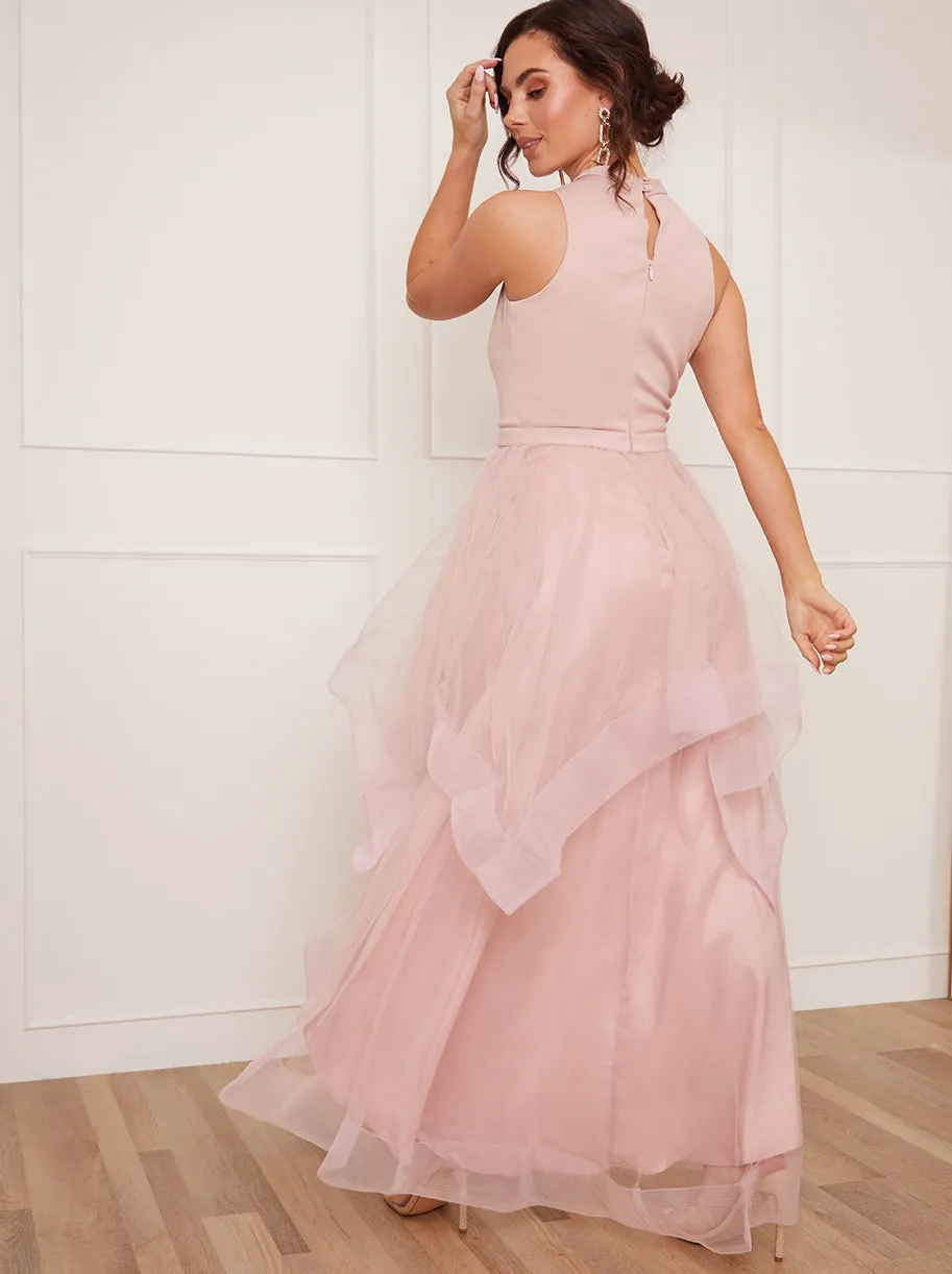 Petite Dip Hem High Neck Dress with Tulle Skirt in Pink sold by Chi Chi London product image thumbnail 4
