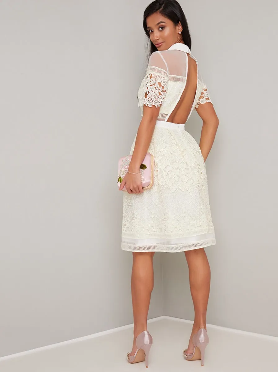 Petite Collar Detail Lace Open Back Midi Dress in Cream sold by Chi Chi London product image thumbnail 3