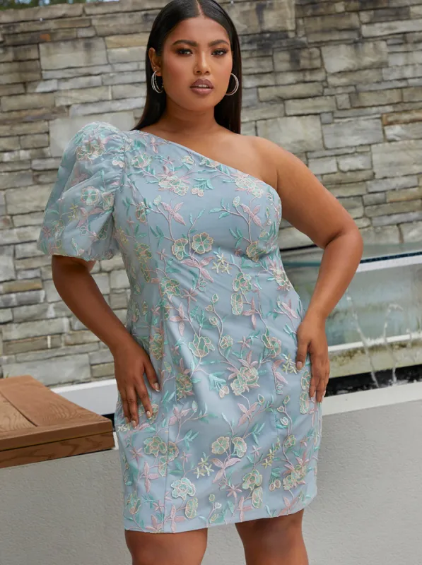 Plus Size One-Shoulder Puff Sleeve Floral Mini Dress in Blue sold by Chi Chi London