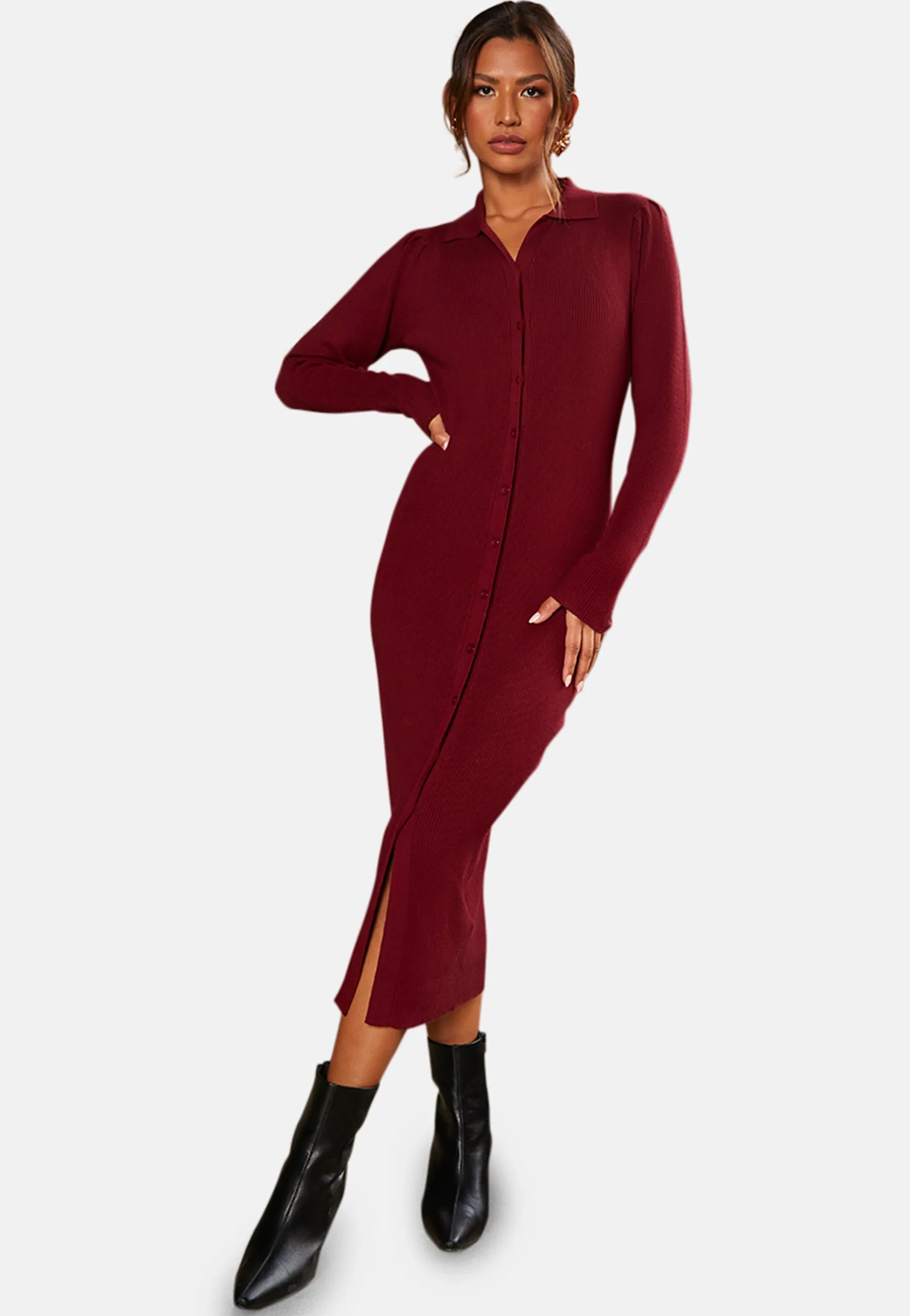 Button-Through Rib Polo Midi Dress in Burgundy sold by Chi Chi London product image thumbnail 5