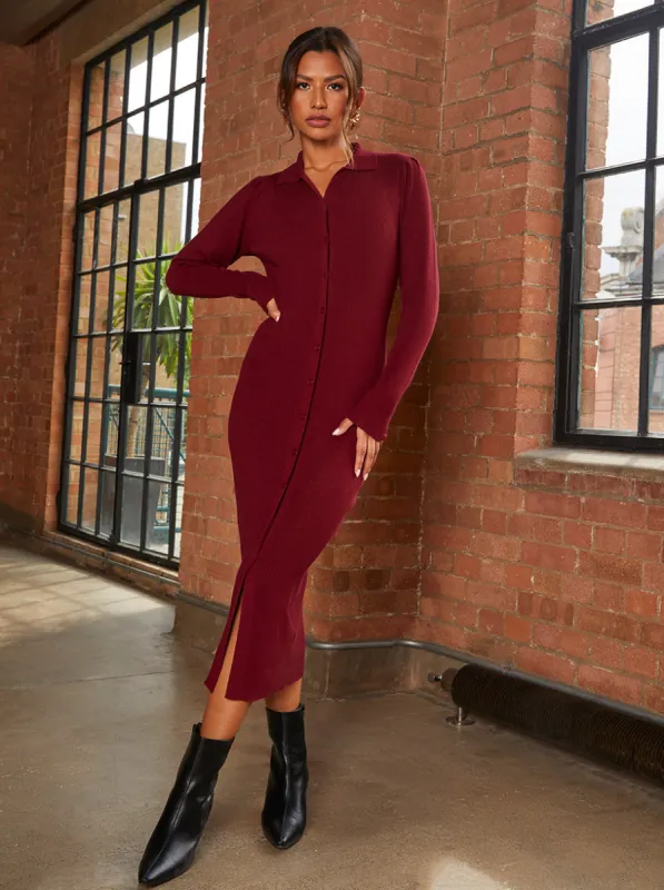 Button-Through Rib Polo Midi Dress in Burgundy sold by Chi Chi London