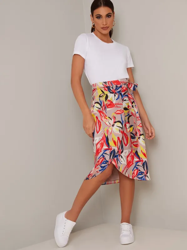 Wrap Style Tropical Print Midi Skirt in Brown sold by Chi Chi London