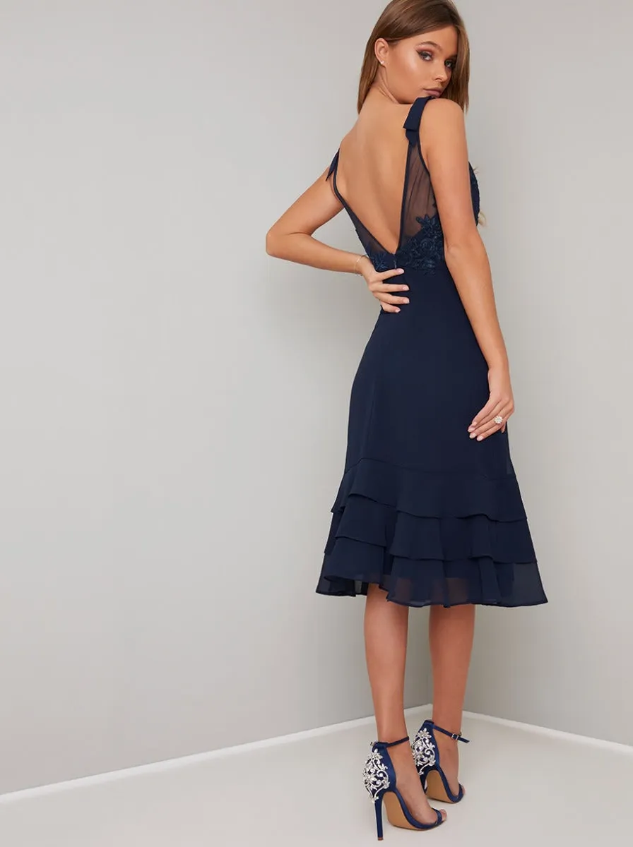 Lace Bodice V Neck Tiered Hem Midi Dress in Blue sold by Chi Chi London