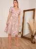 Petite Short Sleeve Floral Embroidered Midi Dress in Pink sold by Chi Chi London